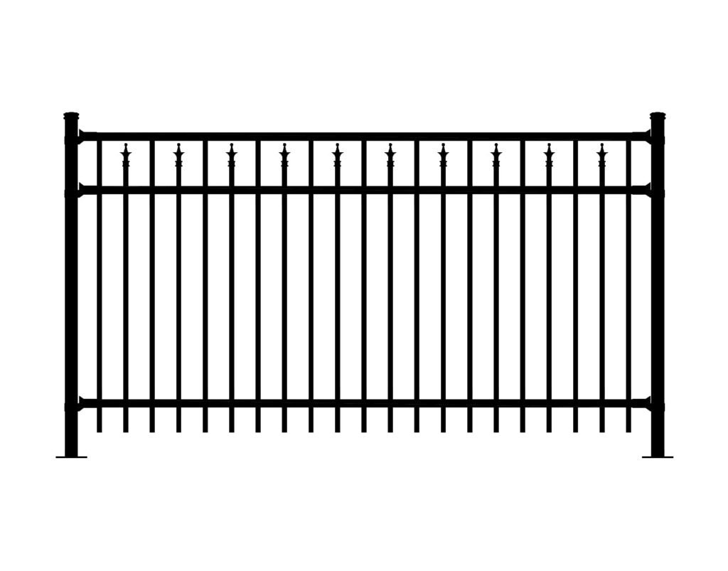Black ornamental WINDSOR-A fence with vertical pickets and decorative finials.