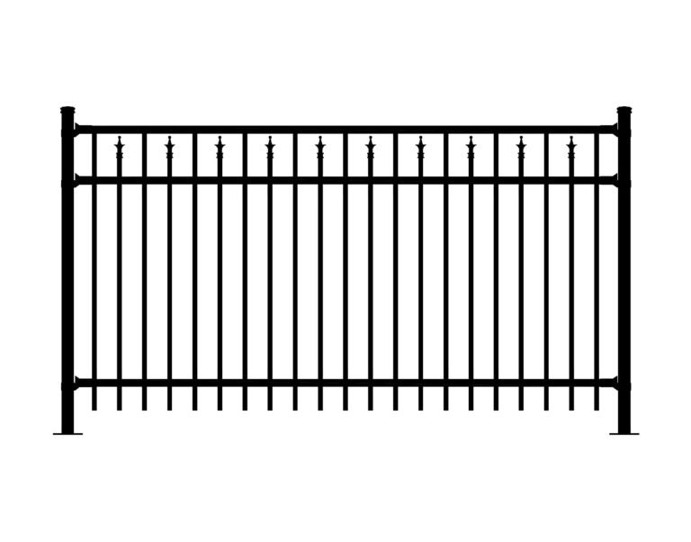Black ornamental WINDSOR-A fence with vertical pickets and decorative finials.