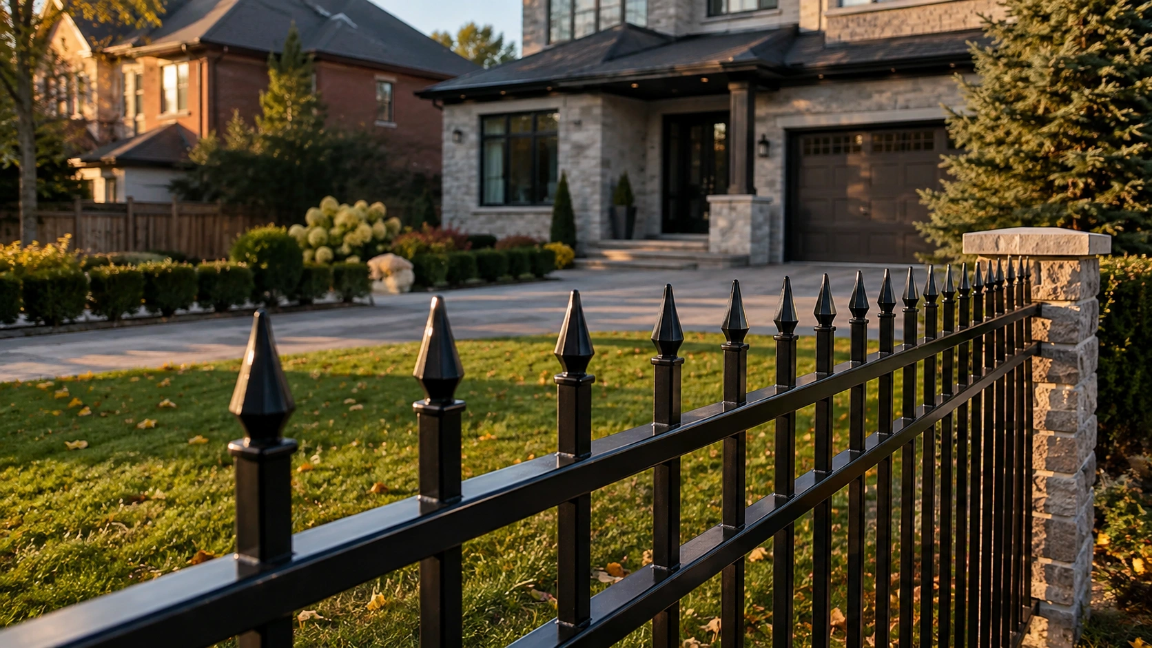 Black wrought iron fence in front of a modern luxury house with stone facade.
