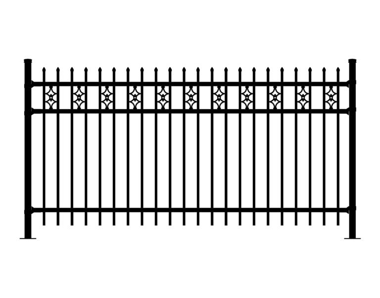 Black ARISTOCRAT-DR-DDEO ornamental fence with pointed pickets and decorative star accents.