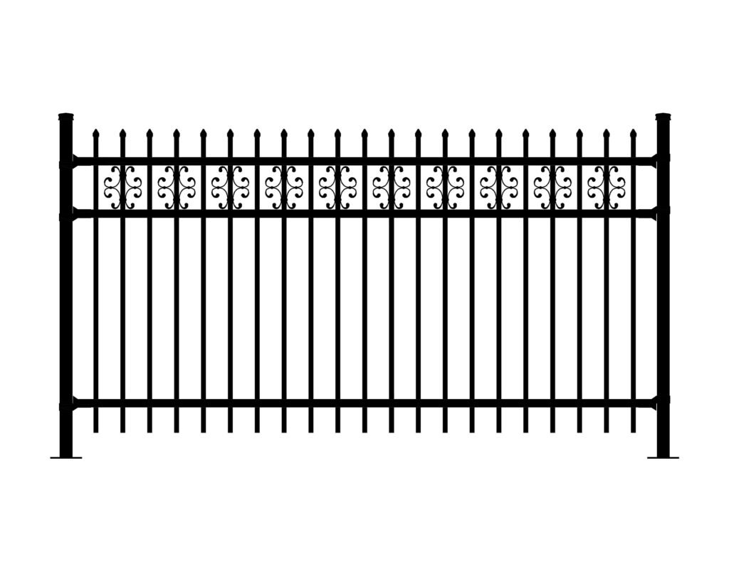 Black ornate wrought iron fence with decorative scrollwork and pointed finials.