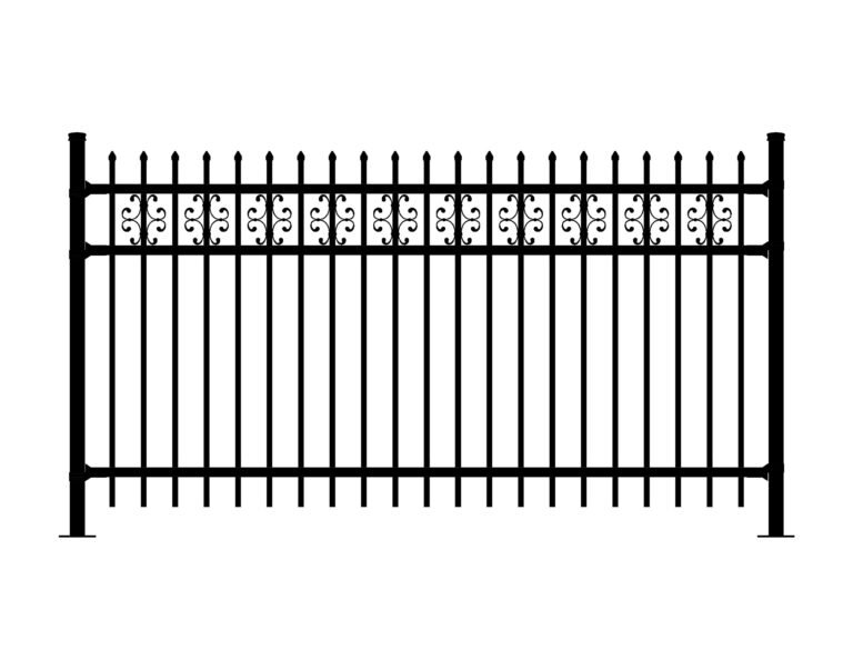 Black ornate wrought iron fence with decorative scrollwork and pointed finials.
