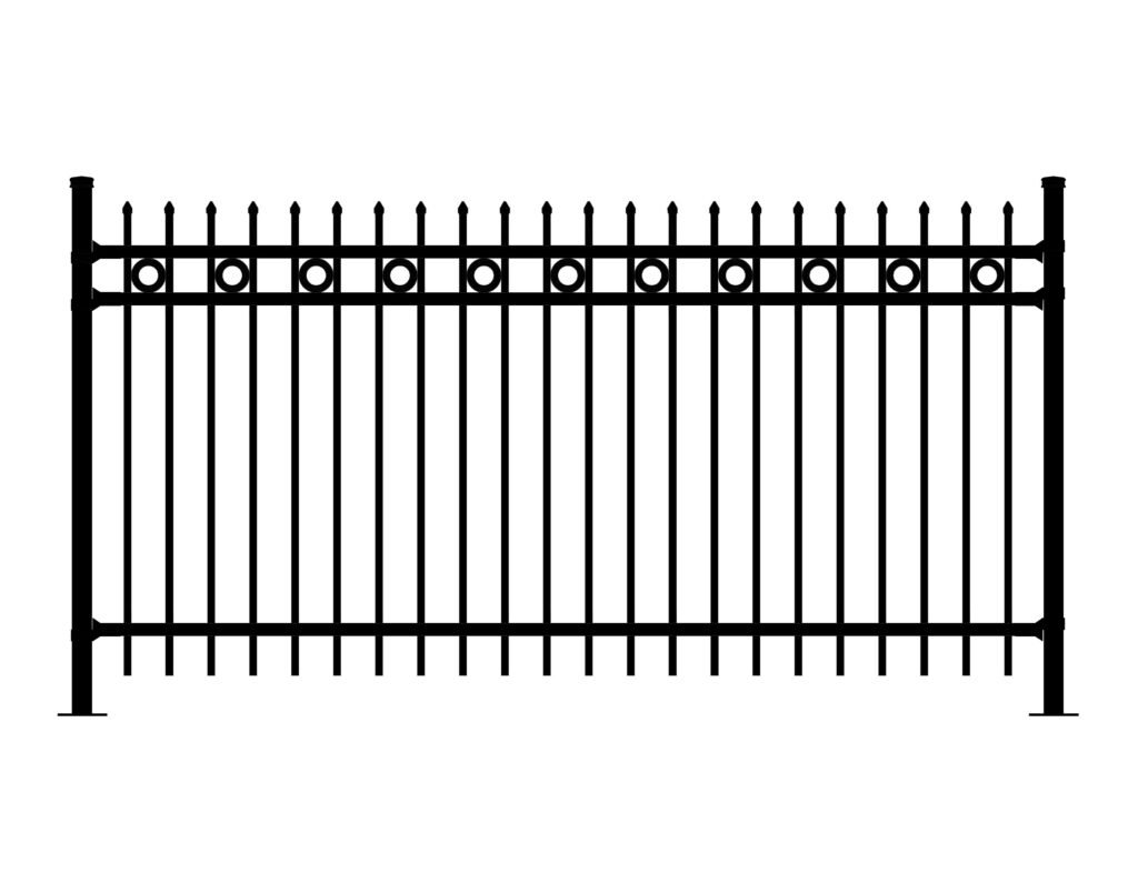 Black Aristocrat-DR-REO fence with pointed finials and circular accents.