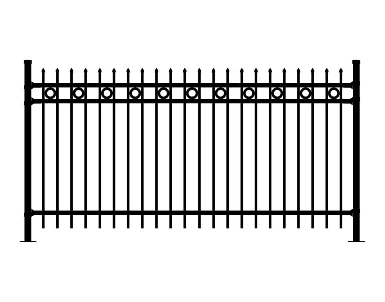Black Aristocrat-DR-REO fence with pointed finials and circular accents.