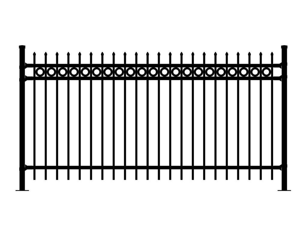 Black Aristocrat-DR-REP fence with pointed pickets and decorative rings.