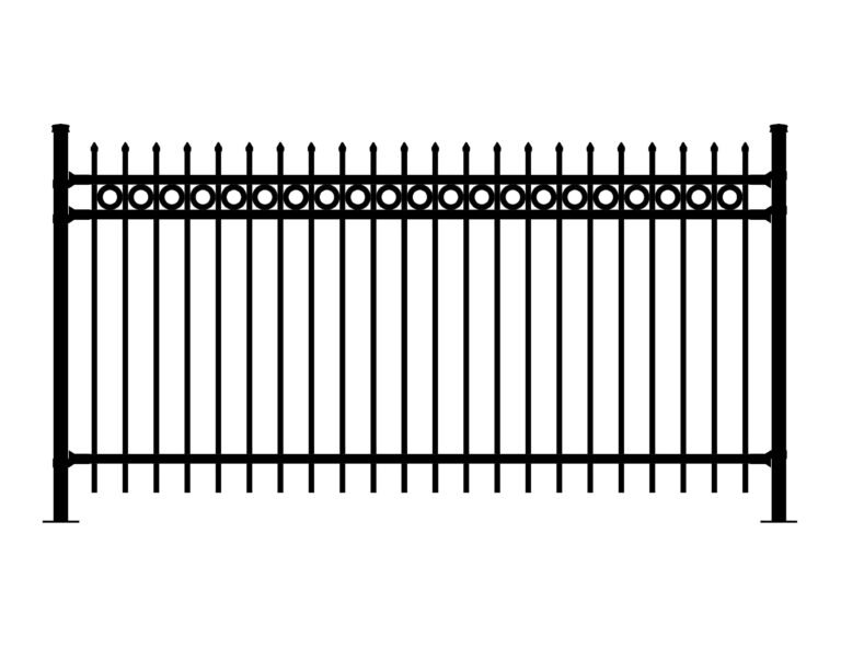 Black Aristocrat-DR-REP fence with pointed pickets and decorative rings.
