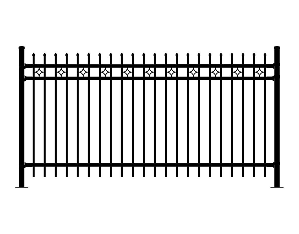 Black ornamental metal fence with starburst accents