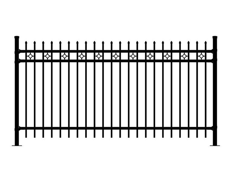 Black ornamental metal fence with starburst accents