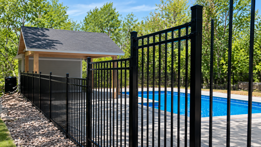 Family enjoys backyard pool with lush landscaping and modern home