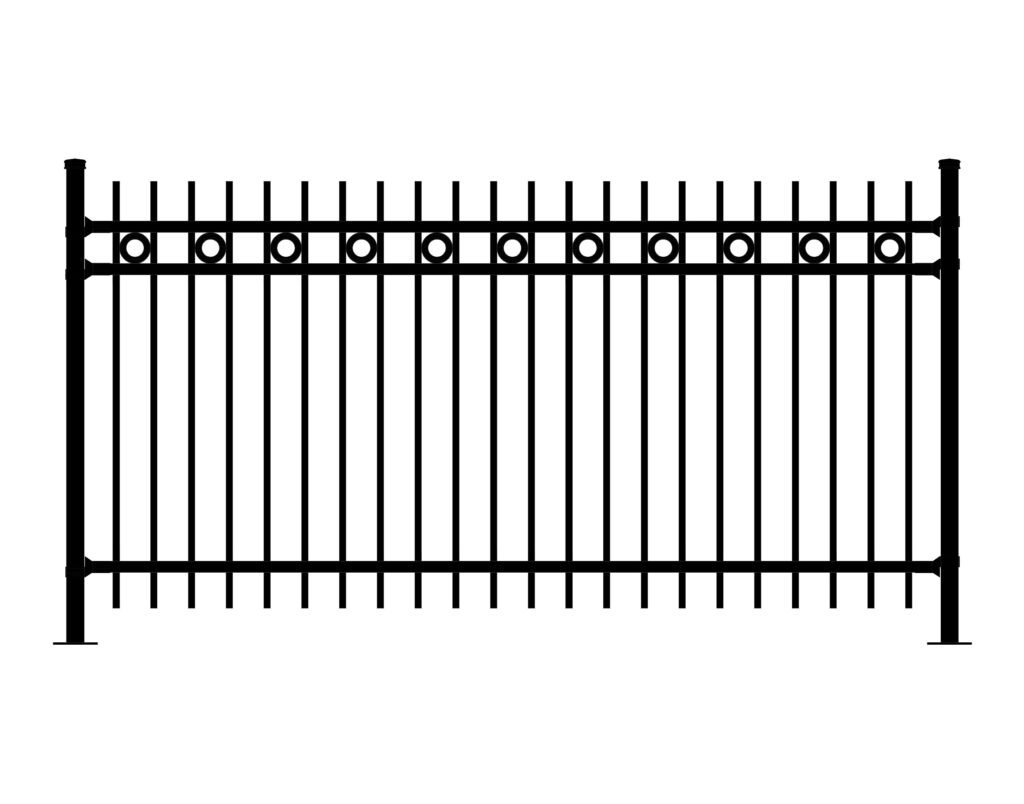 Black metal fence with vertical pickets and decorative circles