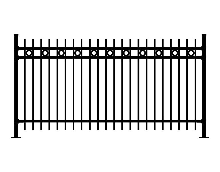 Black metal fence with vertical pickets and decorative circles