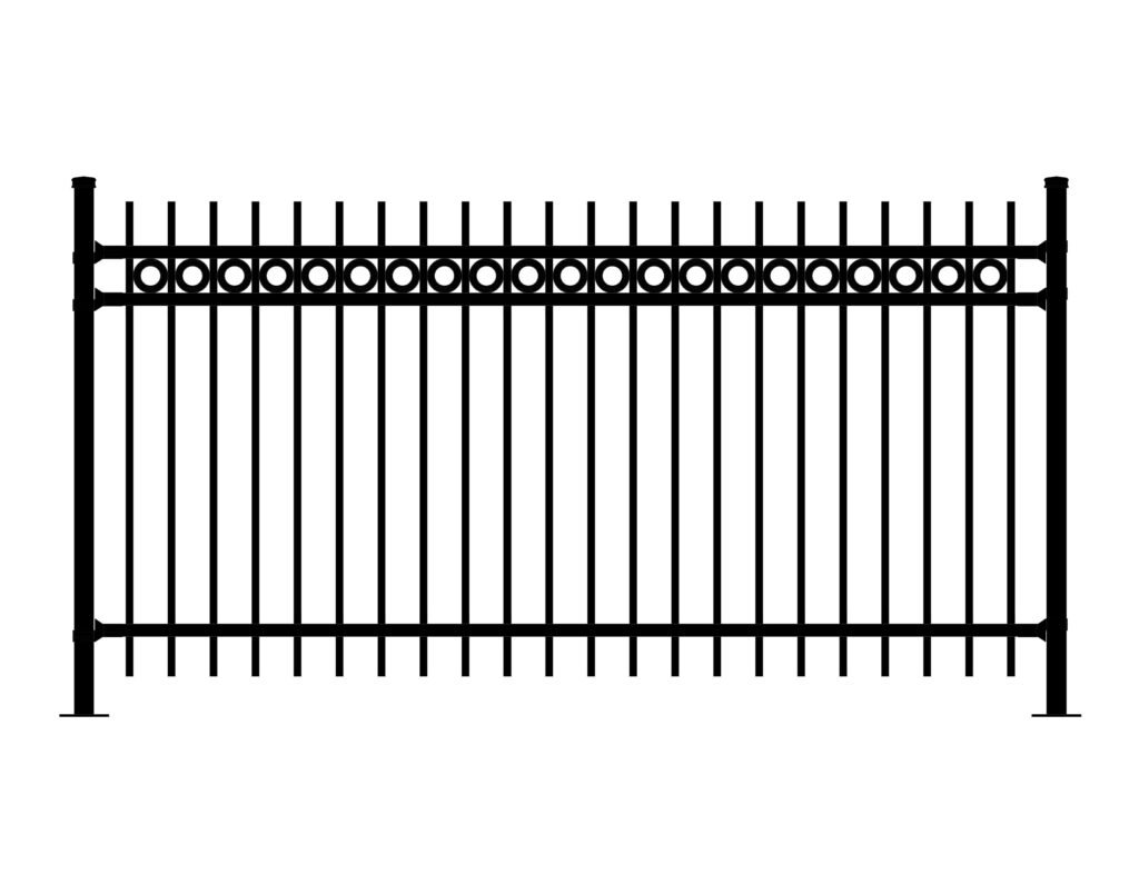 Black metal fence with vertical pickets and decorative circles