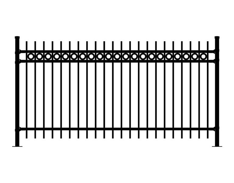 Black metal fence with vertical pickets and decorative circles