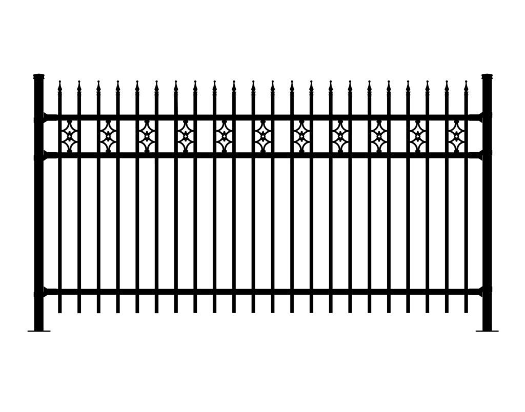 Black metal fence with decorative elements and finials