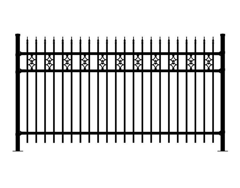 Black metal fence with decorative elements and finials