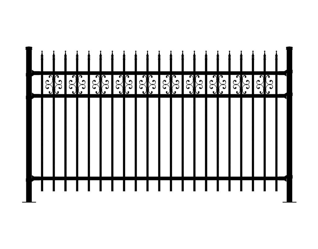 Black wrought iron fence with decorative scrollwork and pointed finials