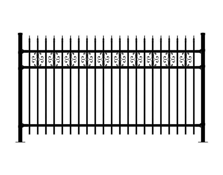Black wrought iron fence with decorative scrollwork and pointed finials