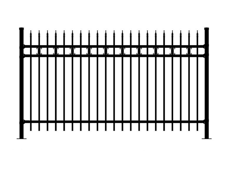 Black ornamental metal fence with decorative finials and scrollwork