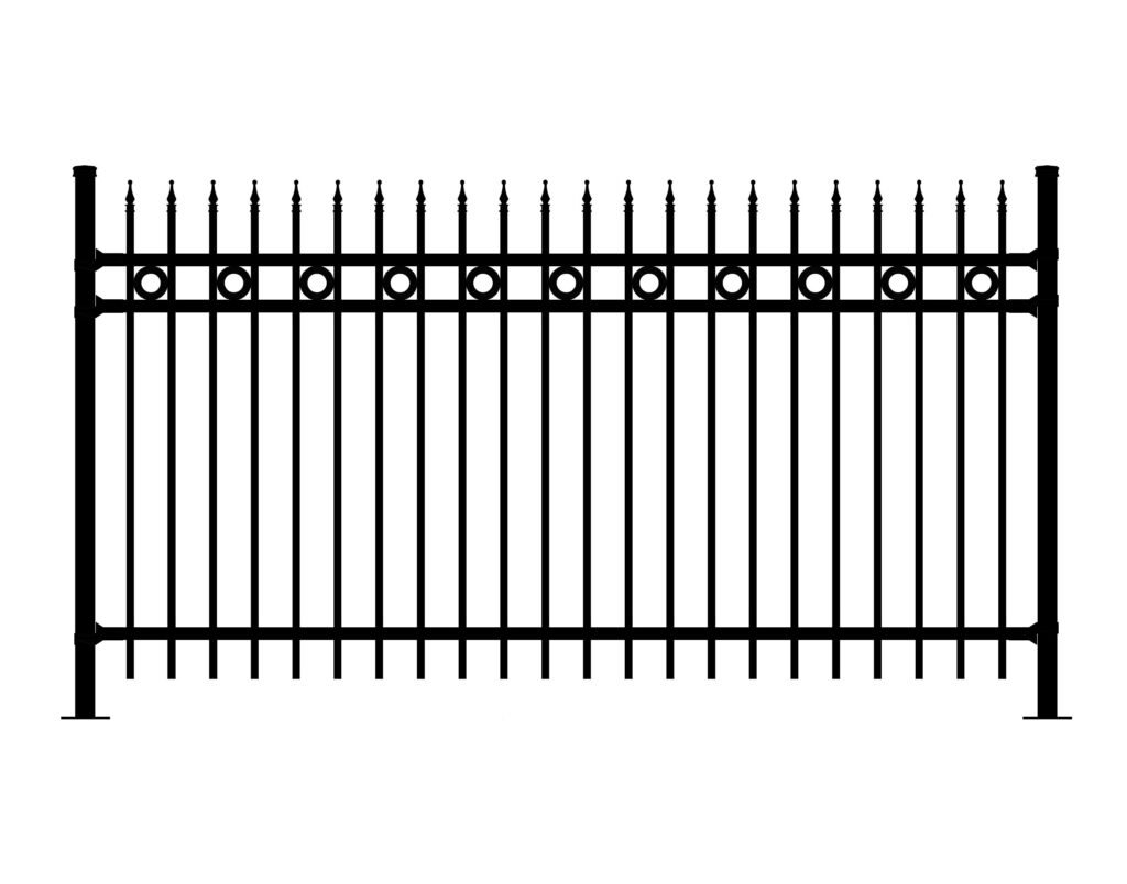 Black metal fence with pointed finials and circular accents