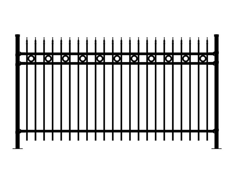 Black metal fence with pointed finials and circular accents