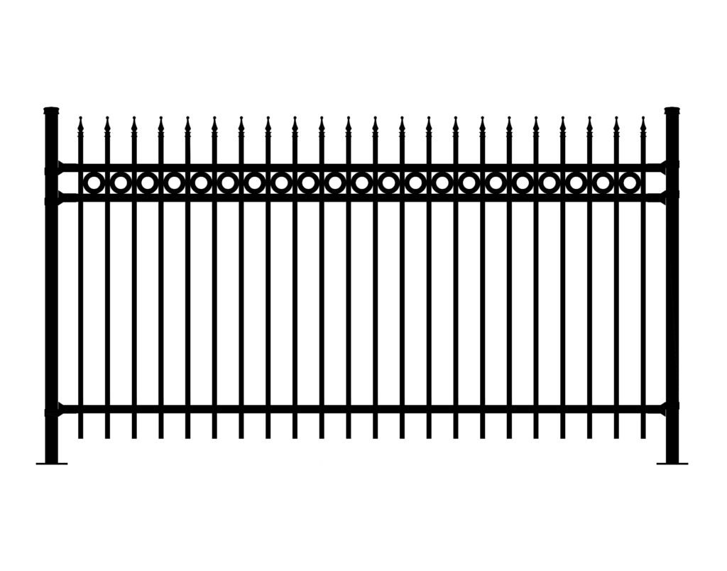 Black metal fence with vertical pickets and decorative circles