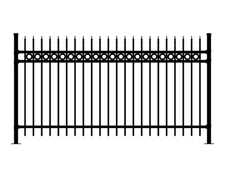 Black metal fence with vertical pickets and decorative circles