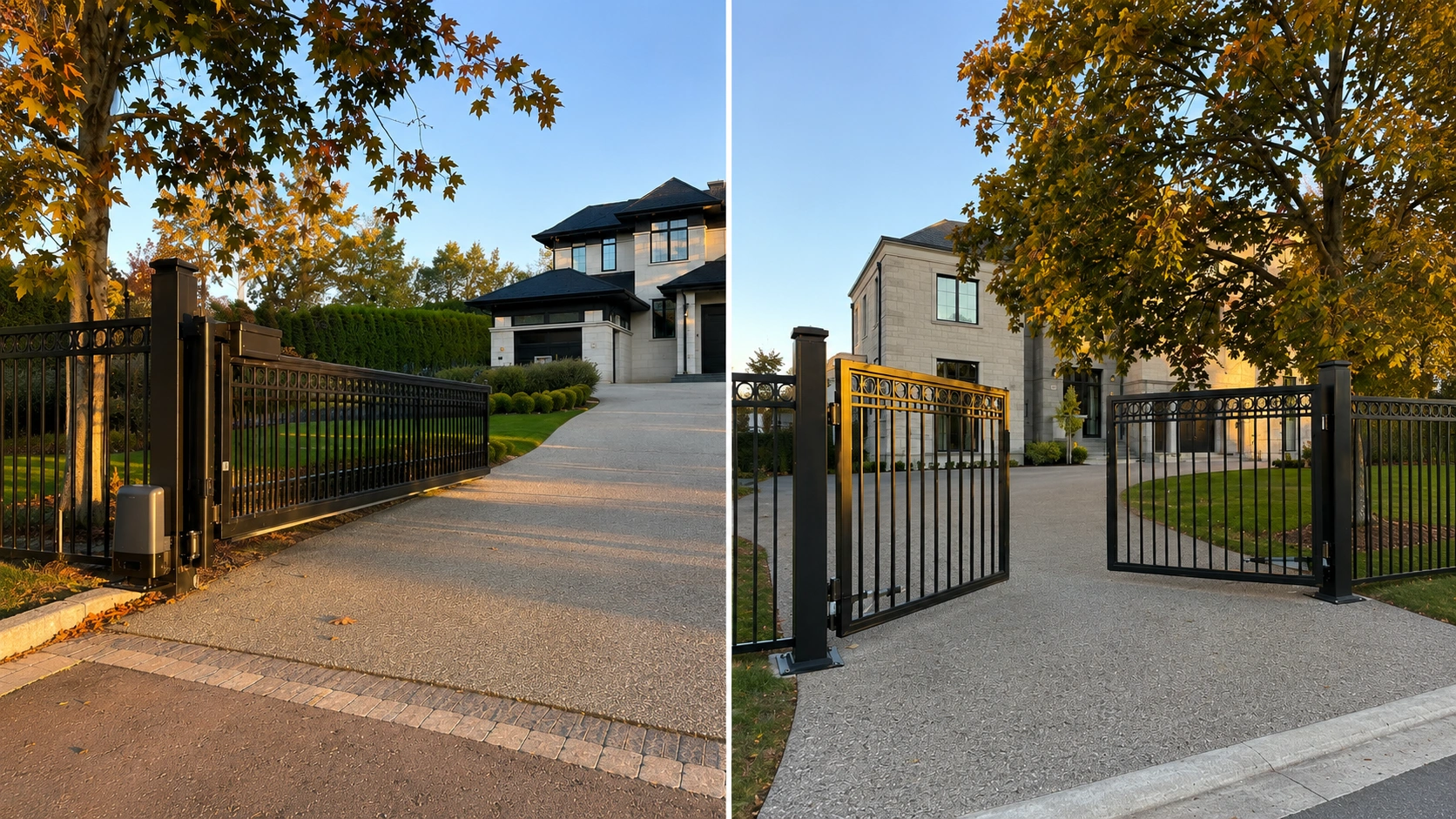 Modern automatic driveway gates opening to a grand luxury home