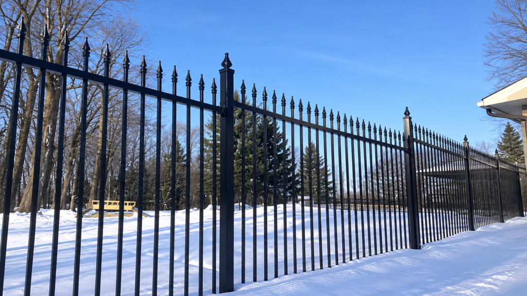 Black wrought iron fence in front of a modern luxury house with stone facade.