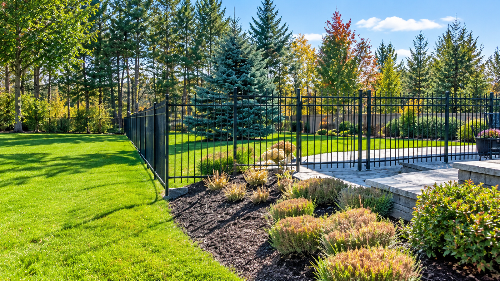 Sunny Backyard Garden with Ornamental Fence