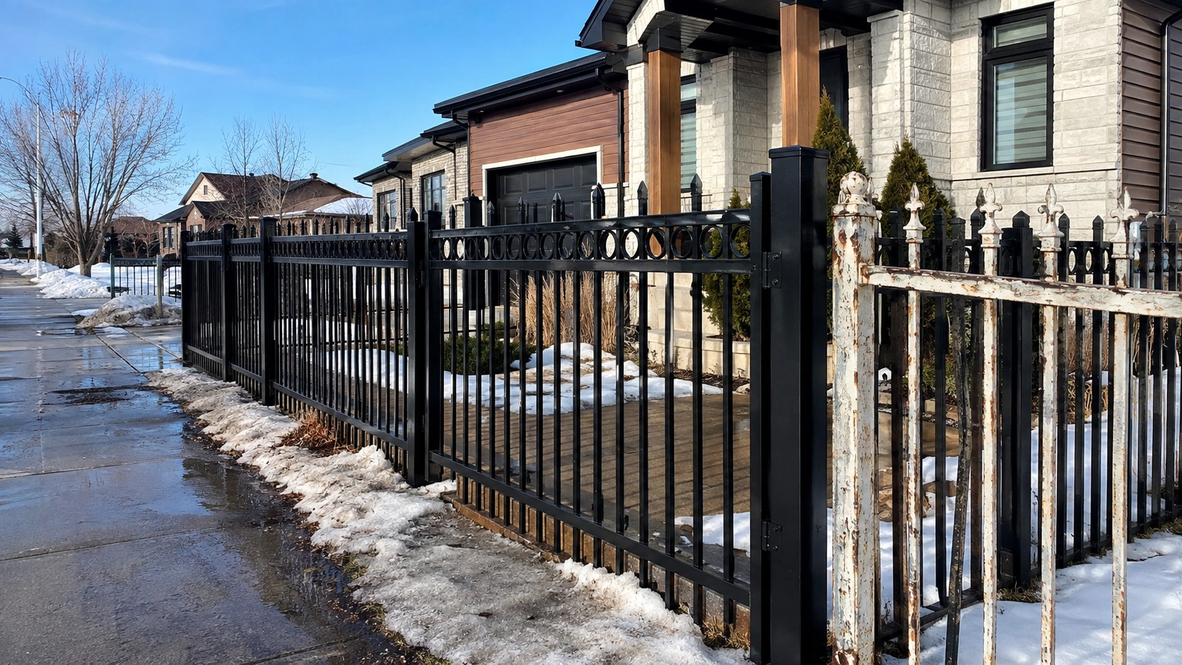 Black metal fence with a white gate in front of a modern house in winter.