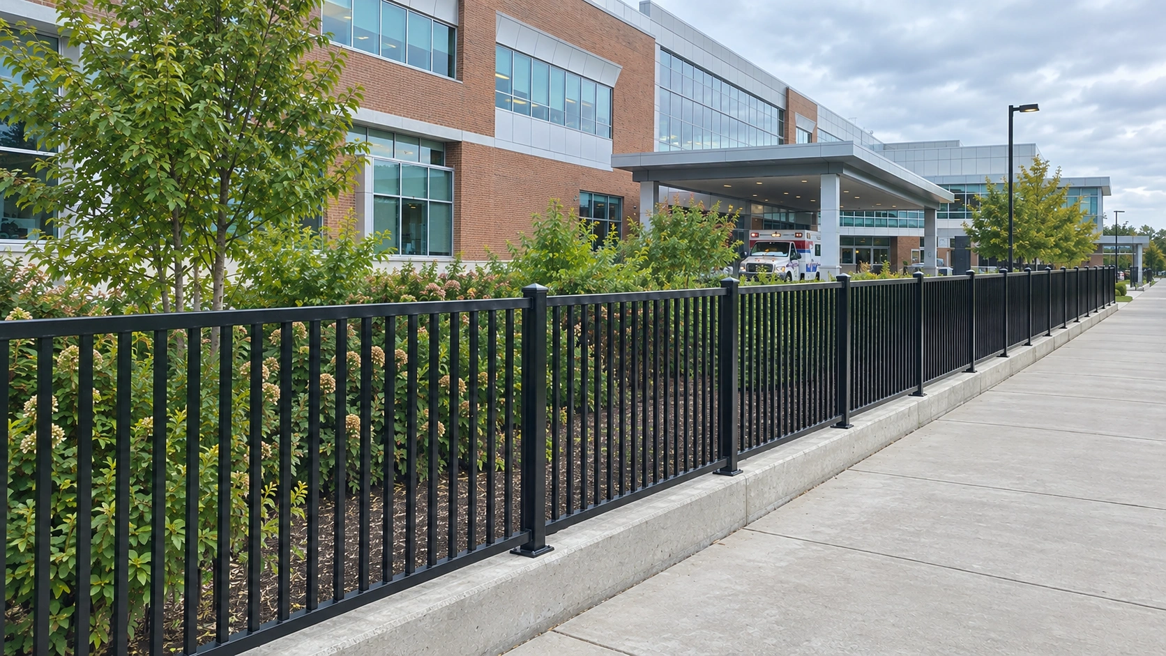 Steel perimeter fencing on a Canadian hospital campus