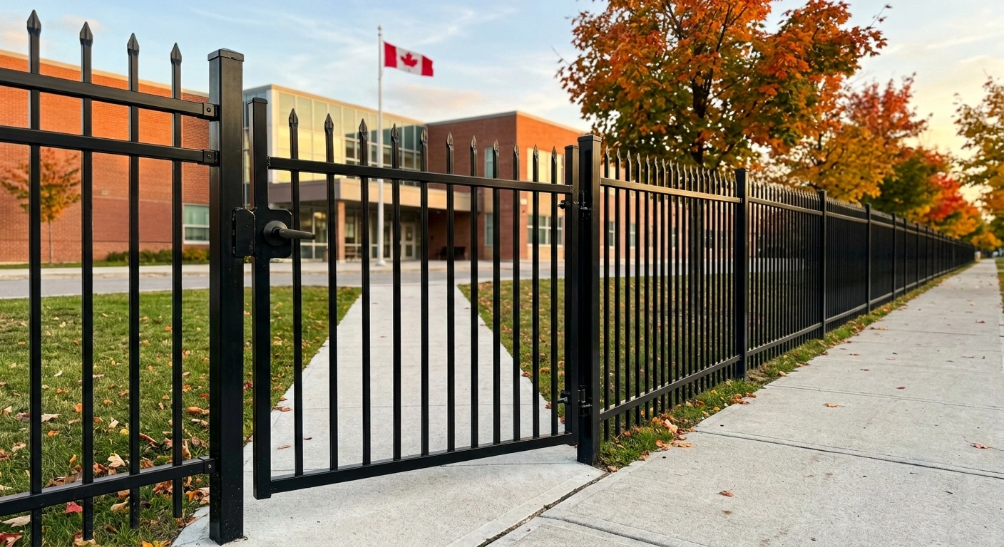 Steel ornamental perimeter fencing outside a Canadian institutional building