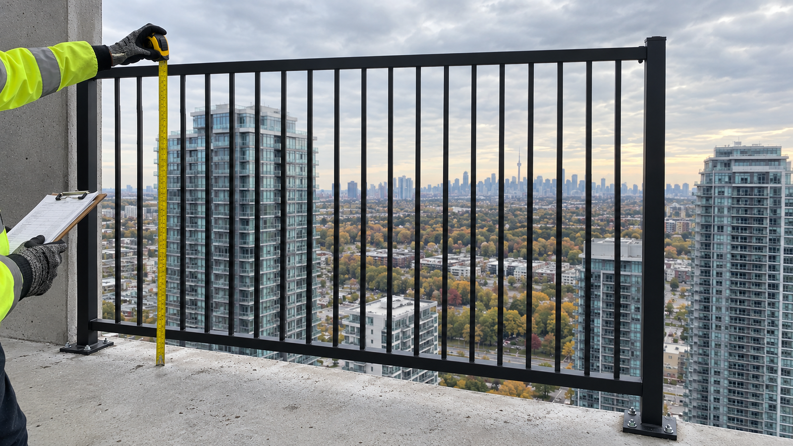 Aluminum guard railing on a condo balcony overlooking the city