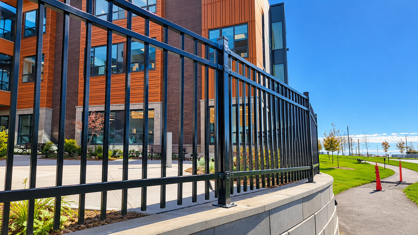 Steel ornamental perimeter fencing outside a Canadian institutional building