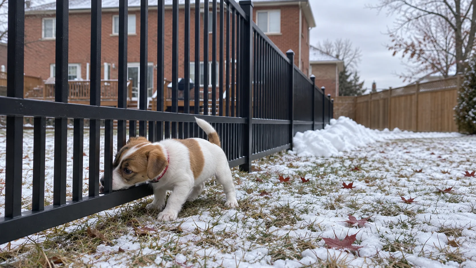 Curious puppy at a winter metal fence