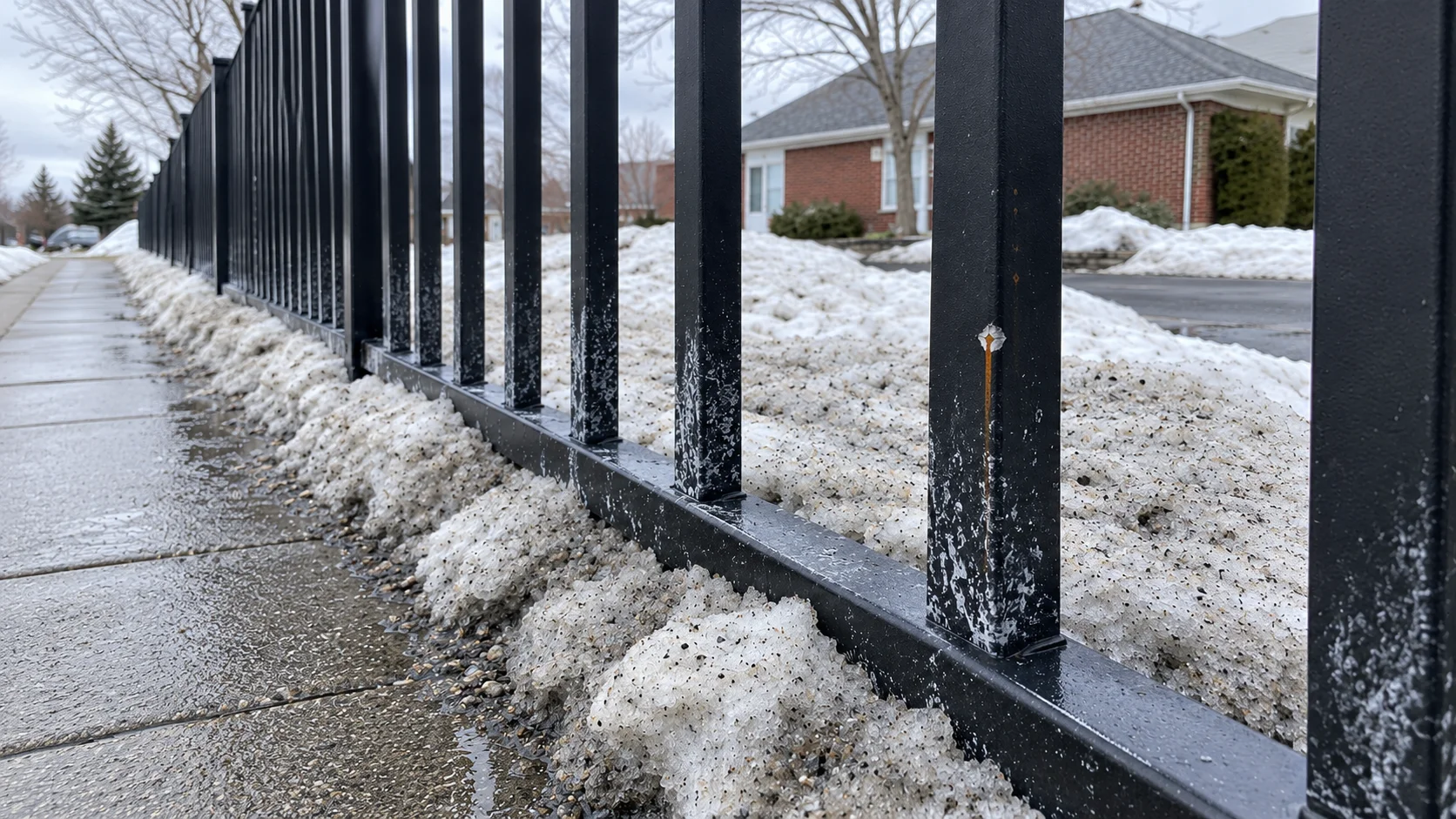 Rust-Kissed Fence Along Melting Snow